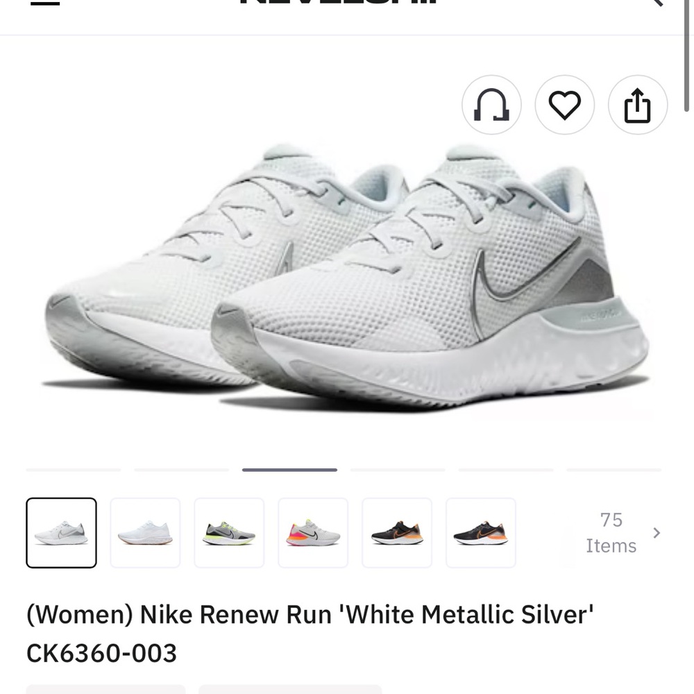 Nike Women's Renew Run White Metallic Silver Sneakers.  Size 8.5
